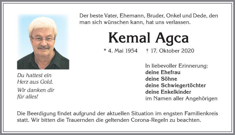  Traueranzeige für Kemal Agca vom 21.10.2020 aus Allgäuer Zeitung,Kempten