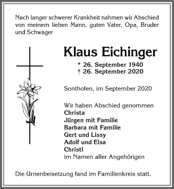 Traueranzeige von Klaus Eichinger von Allgäuer Anzeigeblatt