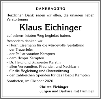 Traueranzeige von Klaus Eichinger von Allgäuer Anzeigeblatt