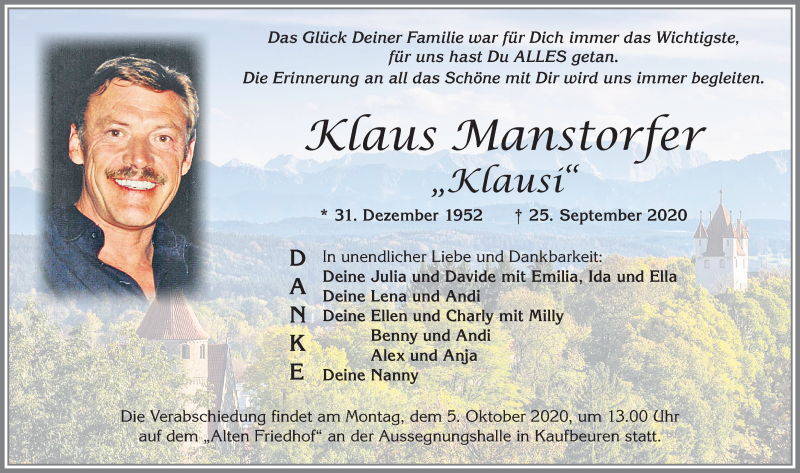  Traueranzeige für Klaus Manstorfer vom 02.10.2020 aus Allgäuer Zeitung, Kaufbeuren/Buchloe