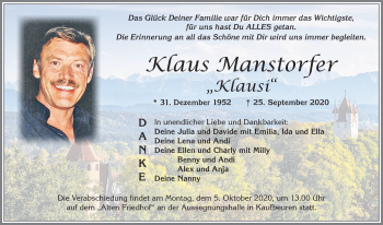 Traueranzeige von Klaus Manstorfer von Allgäuer Zeitung, Kaufbeuren/Buchloe