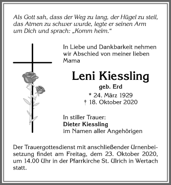 Traueranzeige von Leni Kiessling von Allgäuer Anzeigeblatt