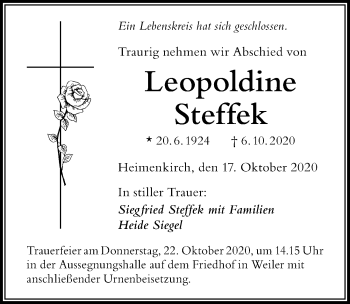 Traueranzeige von Leopoldine Steffek von Der Westallgäuer