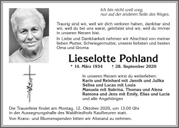 Traueranzeige von Lieselotte Pohland von Allgäuer Zeitung, Kaufbeuren/Buchloe