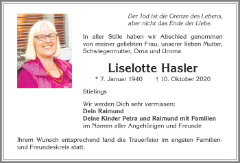 Traueranzeige von Liselotte Hasler von Allgäuer Zeitung,Kempten