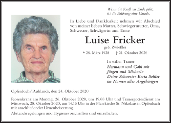 Traueranzeige von Luise Fricker von Der Westallgäuer