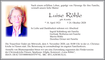 Traueranzeige von Luise Röhle von Allgäuer Zeitung, Füssen