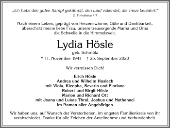 Traueranzeige von Lydia Hösle von Allgäuer Zeitung,Kempten