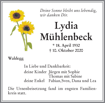 Traueranzeige von Lydia Mühlenbeck von Memminger Zeitung
