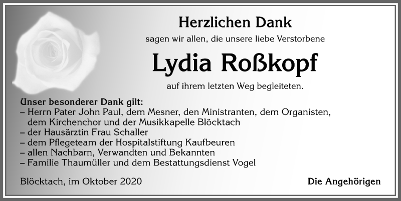  Traueranzeige für Lydia Roßkopf vom 05.10.2020 aus Allgäuer Zeitung, Kaufbeuren/Buchloe