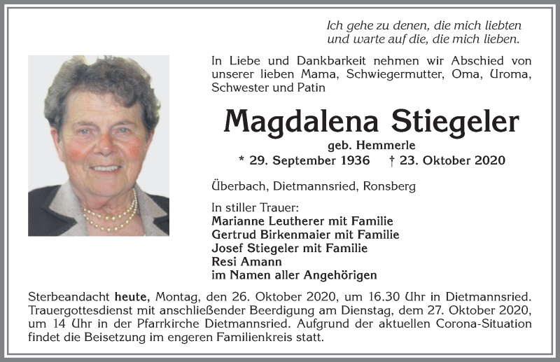  Traueranzeige für Magdalena Stiegeler vom 26.10.2020 aus Allgäuer Zeitung,Kempten