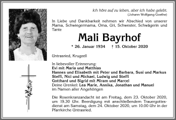 Traueranzeige von Mali Bayrhof von Allgäuer Zeitung