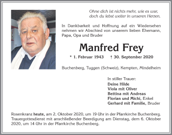Traueranzeige von Manfred Frey von Allgäuer Zeitung,Kempten