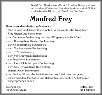 Traueranzeige von Manfred Frey von Allgäuer Zeitung,Kempten