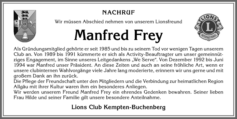  Traueranzeige für Manfred Frey vom 05.10.2020 aus Allgäuer Zeitung,Kempten