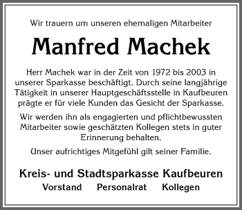 Traueranzeige von Manfred Machek von Allgäuer Zeitung, Kaufbeuren/Buchloe