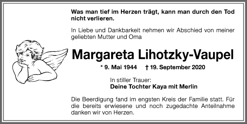  Traueranzeige für Margareta Lihotzky-Vaupel vom 02.10.2020 aus Memminger Zeitung