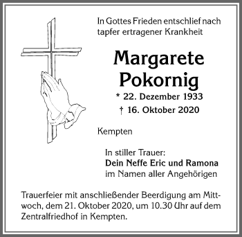 Traueranzeige von Margarete Pokornig von Allgäuer Zeitung,Kempten