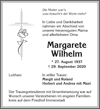 Traueranzeige von Margarete Wilhelm von Allgäuer Anzeigeblatt
