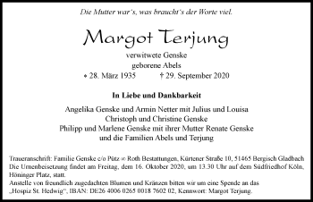 Traueranzeige von Margot Terjung von Allgäuer Zeitung, Marktoberdorf