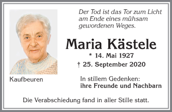 Traueranzeige von Maria Kästele von Allgäuer Zeitung, Kaufbeuren/Buchloe