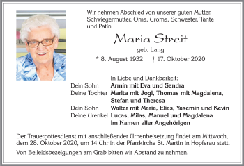 Traueranzeige von Maria Streit von Allgäuer Zeitung, Füssen