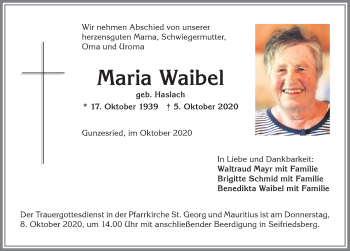 Traueranzeige von Maria Waibel von Allgäuer Anzeigeblatt