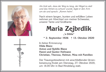 Traueranzeige von Maria Zejbrdlik von Allgäuer Anzeigeblatt