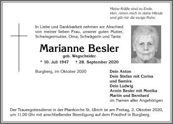 Traueranzeige von Marianne Besler von Allgäuer Anzeigeblatt