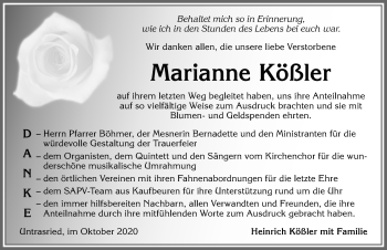 Traueranzeige von Marianne Kößler von Allgäuer Zeitung, Marktoberdorf