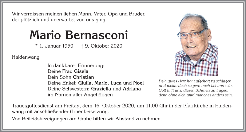  Traueranzeige für Mario Bernasconi vom 14.10.2020 aus Allgäuer Zeitung, Gesamtausgabe