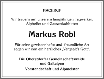 Traueranzeige von Markus Robl von Allgäuer Anzeigeblatt