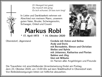 Traueranzeige von Markus Robl von Allgäuer Anzeigeblatt