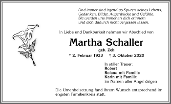 Traueranzeige von Martha Schaller von Allgäuer Zeitung,Kempten