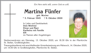 Traueranzeige von Martina Fünfer von Allgäuer Zeitung, Kaufbeuren/Buchloe