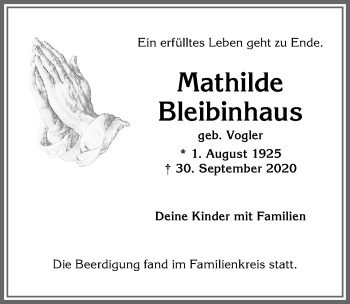 Traueranzeige von Mathilde Bleibinhaus von Allgäuer Anzeigeblatt