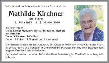 Traueranzeige von Mathilde Kirchner von Allgäuer Zeitung, Kaufbeuren/Buchloe