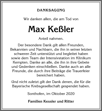 Traueranzeige von Max Keßler von Allgäuer Anzeigeblatt