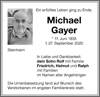 Traueranzeige von Michael Gayer von Memminger Zeitung