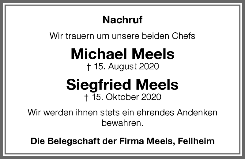  Traueranzeige für Michael Meels vom 22.10.2020 aus Memminger Zeitung