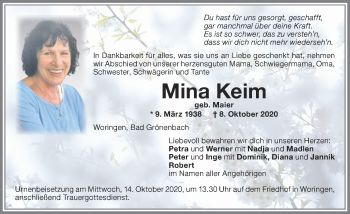 Traueranzeige von Mina Keim von Memminger Zeitung