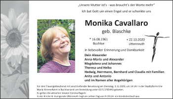 Traueranzeige von Monika Cavallaro von Allgäuer Zeitung, Kaufbeuren/Buchloe