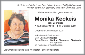 Traueranzeige von Monika Keckeis von Memminger Zeitung