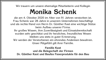 Traueranzeige von Monika Schenk von Allgäuer Anzeigeblatt