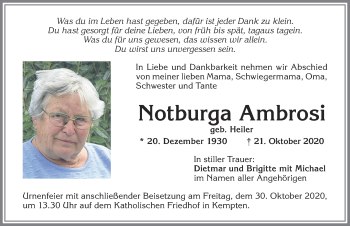 Traueranzeige von Notburga Ambrosi von Allgäuer Zeitung,Kempten