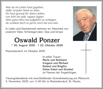 Traueranzeige von Oswald Ponzer von Allgäuer Zeitung, Marktoberdorf
