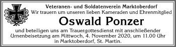 Traueranzeige von Oswald Ponzer von Allgäuer Zeitung, Marktoberdorf