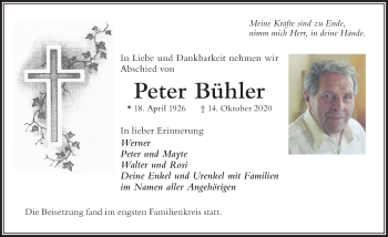 Traueranzeige von Peter Bühler von Der Westallgäuer