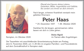 Traueranzeige von Peter Haas von Allgäuer Zeitung,Kempten