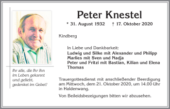 Traueranzeige von Peter Knestel von Allgäuer Zeitung,Kempten